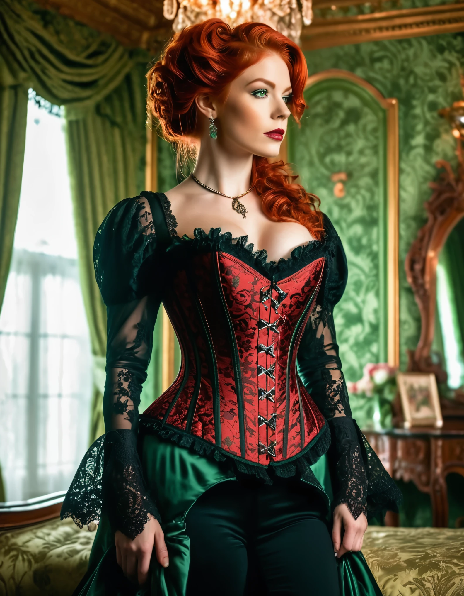 Generate a professional photoshoot capturing the elegance of a beautiful woman with red hair and green eyes, wearing a ((duotone [red and black]) ornate corset), posed gracefully in a Victorian-era luxury bedroom setting. photo realistic, 16k, nsfw, uncensored, (full body:1.5)