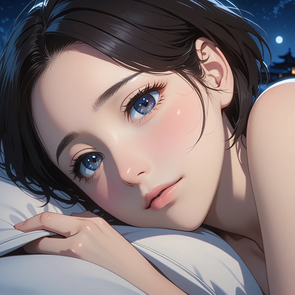 masterpiece, High resolution, illustration, kyoto animation style, Your name is cinematic style, night, midnight, Light, (1 female: 1.3), (alone: 1.4), long eyelashes, short bob, nose blushing, futon, lying down, naked, face close-up, Hide with hands , Hide with hands,