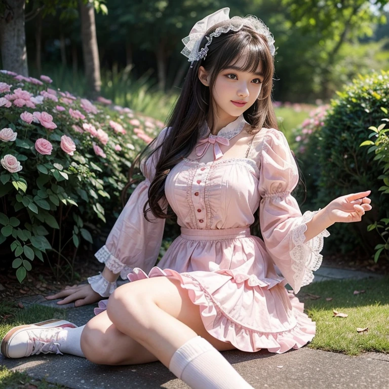 best quality, masterpiece, lifelike, 1 girl, alone, eternal, black hair, Long curly hair, blunt bangs, Smile, pink skirt, pink lolita dress, layered skirt, Lolita style long skirt,Layered dress lace-trimmed skirt, decorate, lace, long sleeve, puff sleeves, wide sleeves, Transparent sleeves, hair accessories, in the flower garden, flower, Detailed background,  delicate face，pink blush，White knee-length socks, Pink shoes，cold，Lots of lace，((​masterpiece))、(top quality)、8K、high detail、super detailed、 21 years old female，wearing pink lolita dress((dreamy atmosphere:1.1))、Seductive and whimsical style、​masterpiece、born、Scenes resembling fairy tale illustrations、intricate details show the ruffles and intricate designs of the lolita gown、capricious、 beautifully、Dream aesthetics、「𝓡𝓸𝓶𝓪𝓷𝓽𝓲𝓬、ethereal、charming、fickle、magic」、realism、Visual effects、FXAA、SSAO、shader、voiceless、environmental lighting、Tone mapping、High resolution、ultra high definition、megapixel、(8K resolution:1.10)、8K、8K resolution、high detail、intricate details、 (high quality:1.2、​masterpiece:1.2、:1.21)、(21 years old female:1.21)、(Smile excitedly)、(Surrounded by the dreamy atmosphere of an amusement par color lolita dress、Her eyes were full of surprise and joy、I took a lot of geek photos、High heel、Model diagram，full-body shot，Knee-high white的 lace socks,Sweet Lolita，Normal 2 feet，Pink shoes，Baotou shoes，full-body shot，Don&#39;t expose your fingers，Emphasize the volume of the skirt，exposed，huge breasts，The skirt flew up，低胸exposed，hair accessories，big skirt dress，If you shoot from a certain angle you can see my panties，The skirt floated up