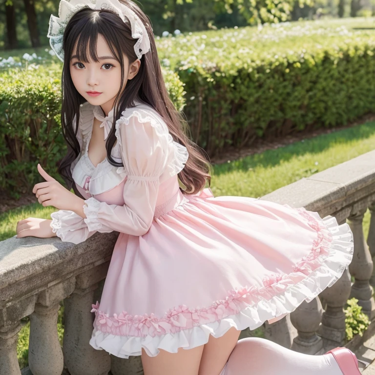 best quality, masterpiece, lifelike, 1 girl, alone, eternal, black hair, Long curly hair, blunt bangs, Smile, pink skirt, pink lolita dress, layered skirt, Lolita style long skirt,Layered dress lace-trimmed skirt, decorate, lace, long sleeve, puff sleeves, wide sleeves, Transparent sleeves, hair accessories, in the flower garden, flower, Detailed background, delicate face,pink blush,White knee-length socks, Pink shoes,cold,Lots of lace,((masterpiece))、(top quality)、8K、high detail、super detailed、 21 years old female,wearing pink lolita dress((dreamy atmosphere:1.1))、Seductive and whimsical style、masterpiece、born、Scenes resembling fairy tale illustrations、intricate details show the ruffles and intricate designs of the lolita gown、capricious、 beautifully、Dream aesthetics、「𝓡𝓸𝓶𝓪𝓷𝓽𝓲𝓬、ethereal、charming、fickle、magic」、realism、Visual effect、FXAA、SSAO、shader、voiceless、ambient lighting、Tone mapping、High resolution、ultra high definition、megapixel、(8K resolution:1.10)、8K、8K resolution、high detail、intricate details、 (high quality:1.2、masterpiece:1.2、:1.21)、(21 years old female:1.21)、(Smile excitedly)、(Surrounded by the dreamy atmosphere of an amusement par color lolita dress、Her eyes were full of surprise and joy、I took a lot of geek photos、High heel、Model diagram,full-body shot,Knee-high white的 lace socks,Sweet Lolita,Normal 2 feet,Pink shoes,Baotou shoes,full-body shot,University Teachers'Don't expose your fingers,Emphasize the volume of the skirt,exposed,huge breasts,The skirt flew up,低胸exposed,hair accessories,big skirt dress,If you shoot from a certain angle you can see my panties,The skirt floated up
