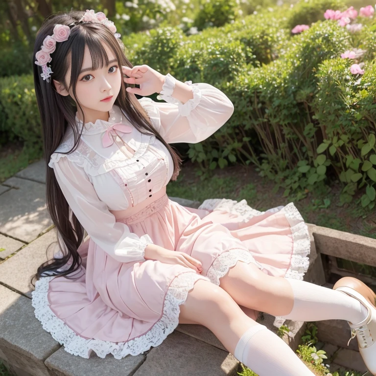 best quality, masterpiece, lifelike, 1 girl, alone, eternal, black hair, Long curly hair, blunt bangs, Smile, pink skirt, pink lolita dress, layered skirt, Lolita style long skirt,Layered dress lace-trimmed skirt, decorate, lace, long sleeve, puff sleeves, wide sleeves, Transparent sleeves, hair accessories, in the flower garden, flower, Detailed background, delicate face,pink blush,White knee-length socks, Pink shoes,cold,Lots of lace,((masterpiece))、(top quality)、8K、high detail、super detailed、 21 years old female,wearing pink lolita dress((dreamy atmosphere:1.1))、Seductive and whimsical style、masterpiece、born、Scenes resembling fairy tale illustrations、intricate details show the ruffles and intricate designs of the lolita gown、capricious、 beautifully、Dream aesthetics、「𝓡𝓸𝓶𝓪𝓷𝓽𝓲𝓬、ethereal、charming、fickle、magic」、realism、Visual effect、FXAA、SSAO、shader、voiceless、ambient lighting、Tone mapping、High resolution、ultra high definition、megapixel、(8K resolution:1.10)、8K、8K resolution、high detail、intricate details、 (high quality:1.2、masterpiece:1.2、:1.21)、(21 years old female:1.21)、(Smile excitedly)、(Surrounded by the dreamy atmosphere of an amusement par color lolita dress、Her eyes were full of surprise and joy、I took a lot of geek photos、High heel、Model diagram,full-body shot,Knee-high white的 lace socks,Sweet Lolita,Normal 2 feet,Pink shoes,Baotou shoes,full-body shot,University Teachers'Don't expose your fingers,Emphasize the volume of the skirt,exposed,huge breasts,The skirt flew up,低胸exposed,hair accessories,big skirt dress,If you shoot from a certain angle you can see my panties,The skirt floated up