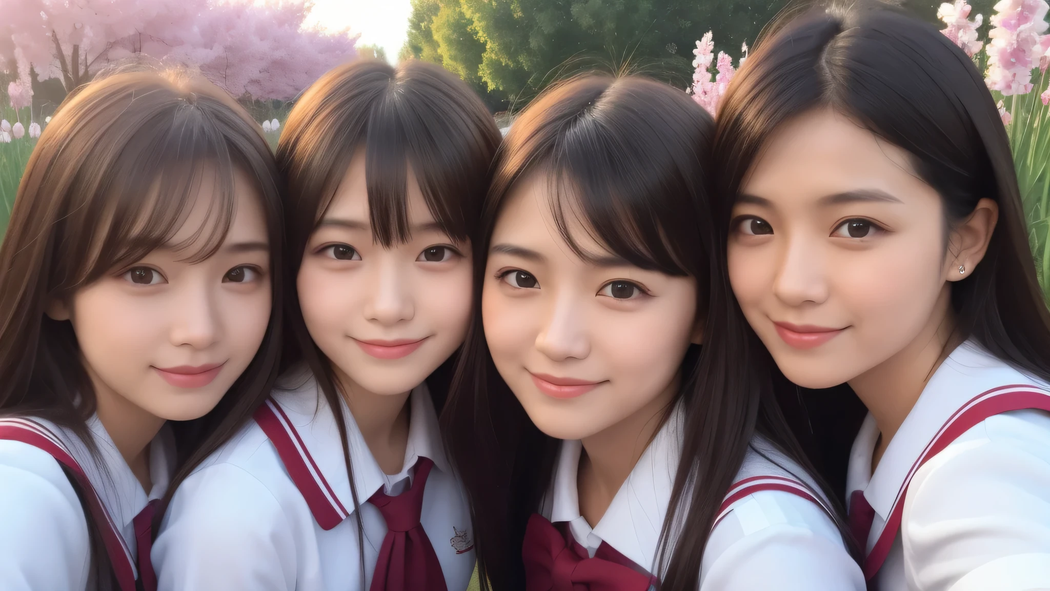 (1girl), (big smile), beautiful face, Amazing face and eyes, delicate, (Best Quality:1.4), (Ultra-detailed), (extremely detailed beautiful face), (princess hair cut style), cute smile, brown eyes, (highly detailed Beautiful face), (short sleeves school uniform:1.3), (extremely detailed CG unified 8k wallpaper), Highly detailed, High-definition raw color photos, Professional Photography, Realistic portrait, evening, Extremely high resolution, smiling, modern, trendy, fashionable, Group photo of high school girls, face close-up, pink Flower field,