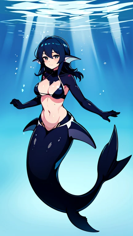 high quality, masterpiece, full body, anime style, underwater, 1girl, mershark, mermaid girl, shark mermaid, mature, sexy, lustful, lustful look, swimming suit, mature, slim and sexy body, dark blue hair, fins
