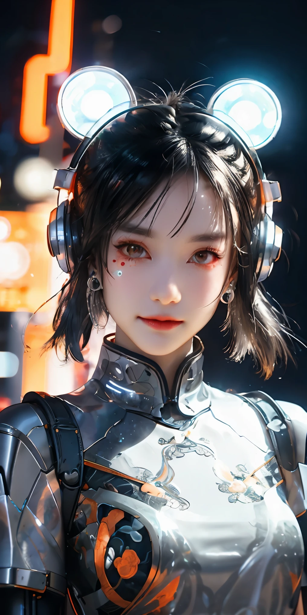 1 girl, Chinese_clothes, liquid silver and orange, cyberhan, cheongsam, cyberpunk city, dynamic pose, detailed luminous headphones, glowing hair accessories, long hair, glowing earrings, glowing necklace, cyberpunk, high-tech city, full of mechanical and futuristic elements, futuristic, technology, glowing neon, orange, orange light, transparent tulle, transparent streamers, laser, digital background urban sky, big moon, with vehicles, best quality, masterpiece, 8K, character edge light, Super high detail, high quality, the most beautiful woman in human beings, micro smile, face facing front and left and right symmetry, ear decoration, beautiful pupils, light effects, visual data, silver white hair, super detail facial texture