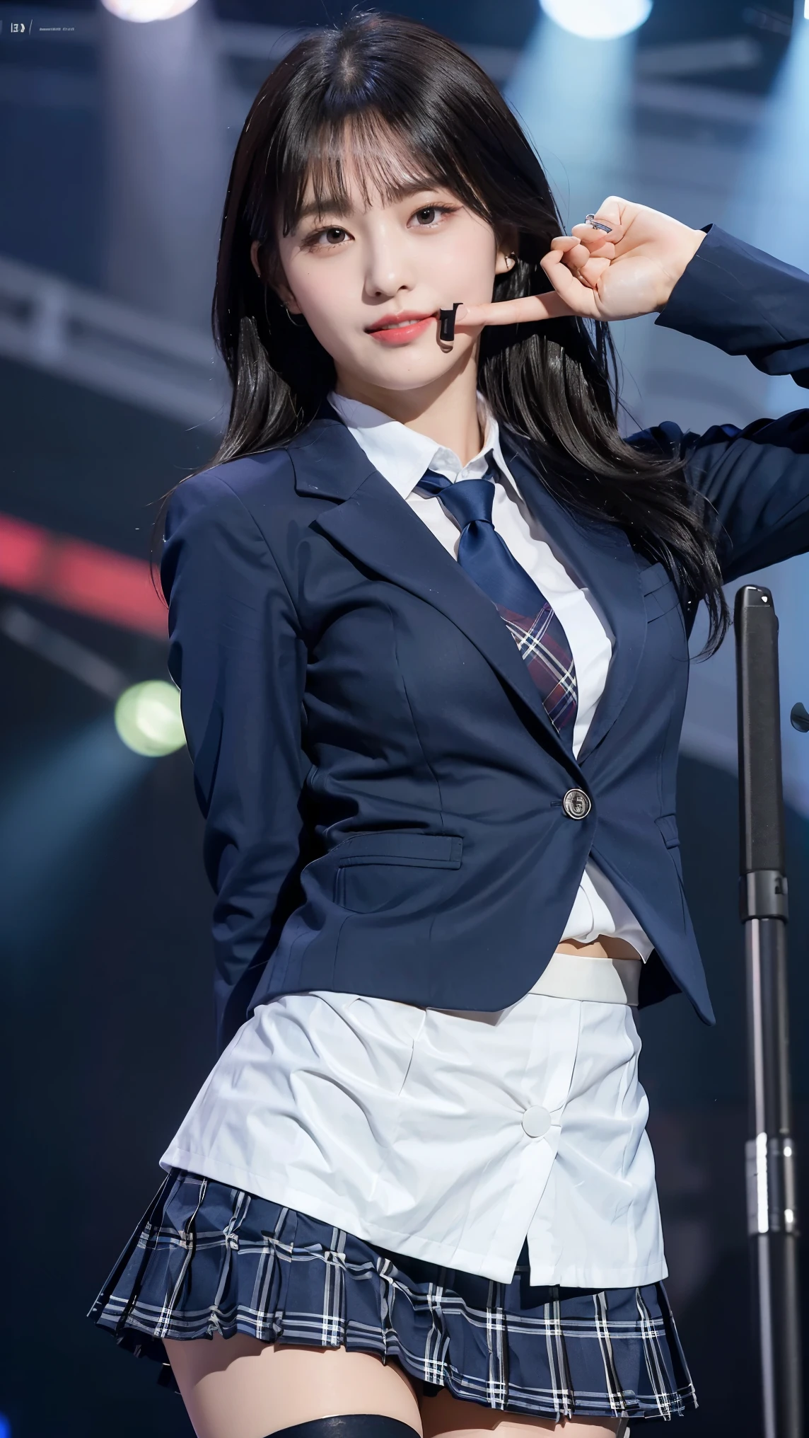 (8K), (highest quality: 1.2), (realistic), (realistic: 1.47), ultra high resolution, 1 girl, cute, smile, closed mouth, (thick lips:1.2),red lip,(Purse your mouth),beautiful details, beautiful nose,(Straight shiny black hair),Standing on the concert stage,hold the microphone in your right hand,Bend your elbows and raise your hands,(University Student Uniform,A simple navy blue blazer,white satin shirt,tie,Tartan check pleated skirt,opaque tights:1.2),(Close up on wet thighs:1.2),(knees),(super low angle:1.2),(medium shot),