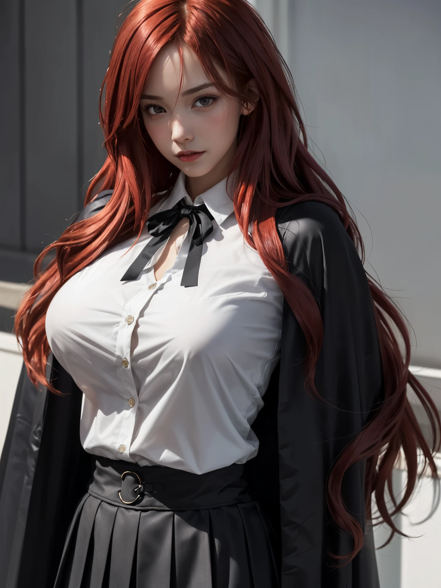 1girl, absurdly long hair, (very very messy long red hair:1.4), thick bangs, hair strands, black short cape, white long sleeve shirt, black neck ribbon, (button down corset:0.8), red pleated skirt, full large breasts, detailed face, , 