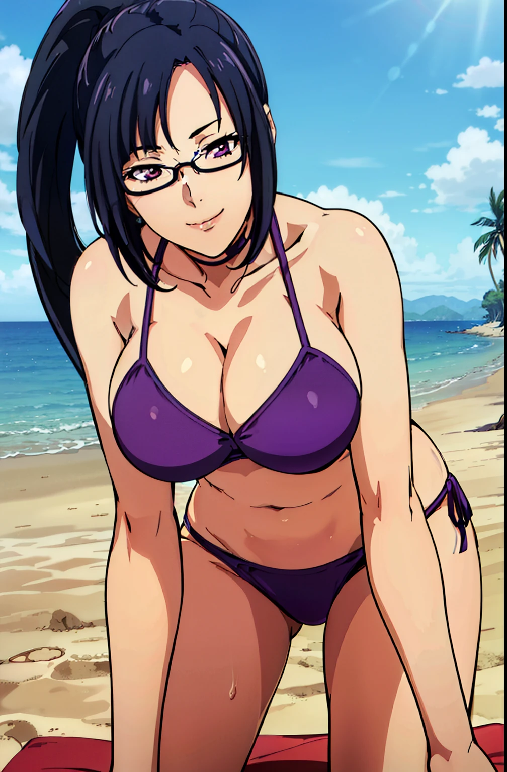 (all fours), cyan bikini, (beach background), (sunny weather), Litchi Faye-Ling, mature woman, anime cels style, best quality, high resolution, 1girl, (huge breasts:1.2), beautiful face, Beautiful Finger, Beautiful long legs, Beautiful body, Beautiful Nose,Beautiful character design, semi-rimless eyewear, black hair, very long hair, ponytail,Bangs,purple eyes, (cowboy shot), smiling, looking at viewer, (pov from below)