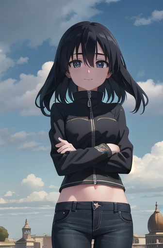 agkkurome, kurome, longer hair, black hair, (black eyes:1.3), hair between eyes, cute face, smile, blush
BREAK jeans, zipped jacket, elegant jacket, wristband, arms crossed, midriff peek
BREAK city, sky, clouds, palace courtyards
BREAK looking at viewer, (cowboy shot:1.5), wind, wind blowing, from below
BREAK (masterpiece:1.2), best quality, high resolution, unity 8k wallpaper, (illustration:0.8), (beautiful detailed eyes:1.6), extremely detailed face, perfect lighting, extremely detailed CG, (perfect hands, perfect anatomy)