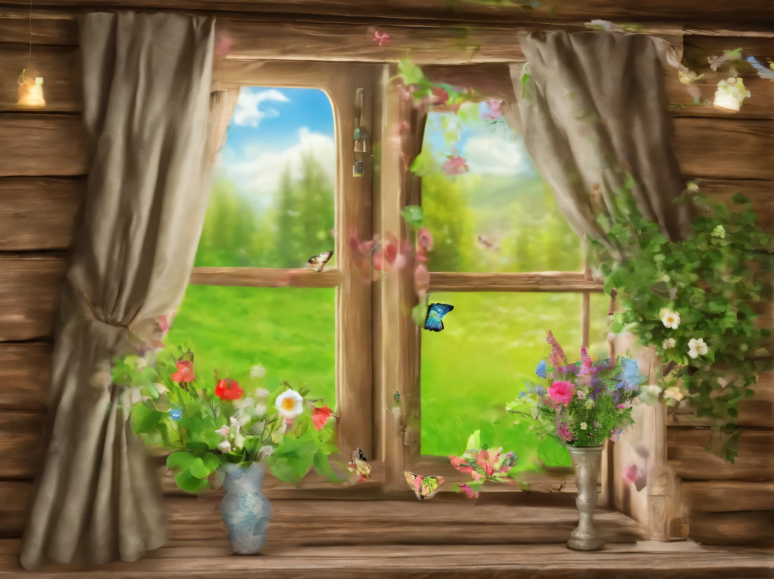 The View Outside the Window, the wall of the room of a wooden house with an open window, there is a vase with wildflowers on the windowsill, rustic sewing curtains hang, the curtains are blown by a light breeze, outside the window is a green lawn with spring birches, spring, clear, butterflies