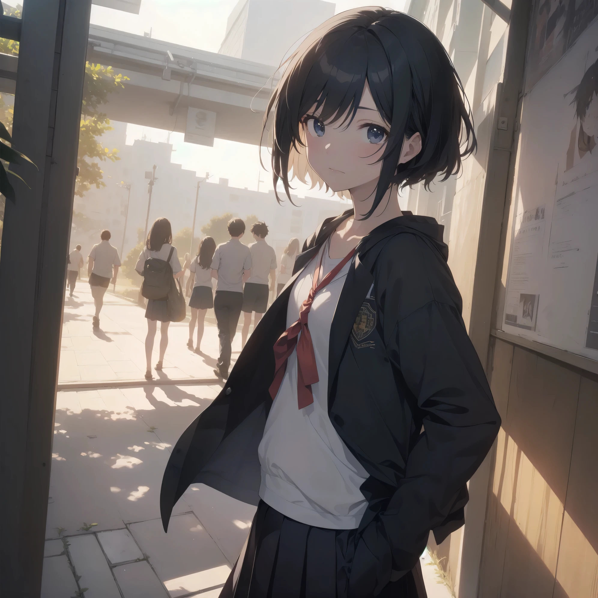 ultra-absurdres-Top quality by artist God, ultra-detailed, high resolution, anime moe artstyle, best anime 8k konachan wallpaper, pixiv contest winner, perfect anatomy,break, 1girl, (Please draw a girl walking sleepily to school alone. )break,(Solo,little female, 13-year-old:1.3),Full limbs, complete fingers,a junior high school student, Attractiveness of immature bodies, (very short hair), short cut, flat chest, , small butt, small black eyes, beautiful detailed eyes, well-proportioned iris and pupils, expressive eyes, highres detailed hair, soft expression, school_uniform, white shirt, pleated skirt,(Detailed Lighting), (Detailed background), in the School commute route. break,super detailed skin, Best cinematic lighting powered by famous artist, 8k,beauty illustration,photoshop_(medium),very aesthetic,break,((artist:ito noizi )), artist:akinashi yuu ,artist:oyari ashito ,artist:kantoku ,