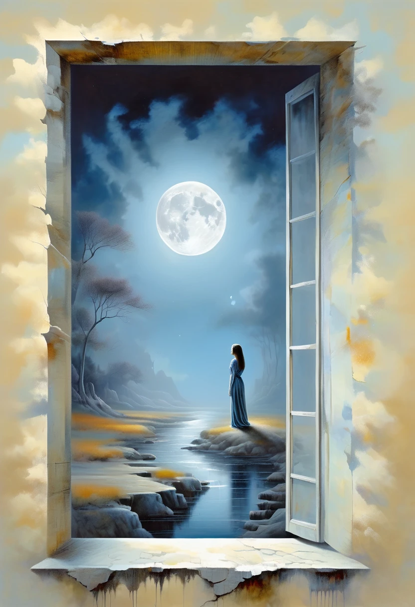 The scenery outside the window,Looking out from the window,Girl looking into the distance at the window,The Faceless Stone Woman on the Bridge,Handheld Light,Background with full moon, With the sky as a background, Brome's Art, Magic artwork, super fine, Fantasy Art Surrealism Beksinski