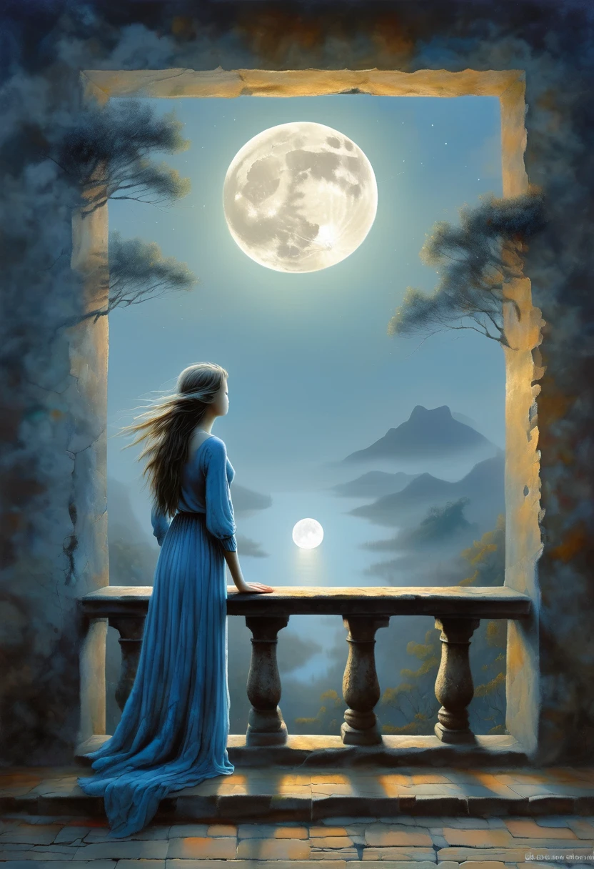 The scenery outside the window,Looking out from the window,Girl looking into the distance at the window,The Faceless Stone Woman on the Bridge,Handheld Light,Background with full moon, With the sky as a background, Brome's Art, Magic artwork, super fine, Fantasy Art Surrealism Beksinski