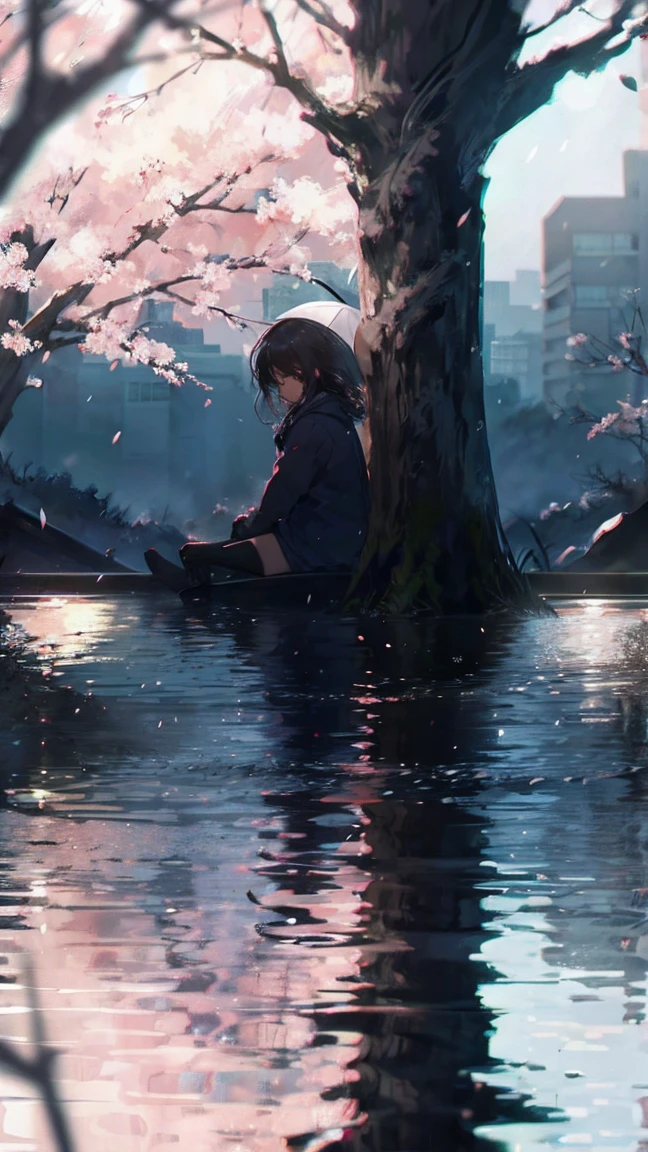 Product illustration of a girl in the rain,cherry blossoms,sitting