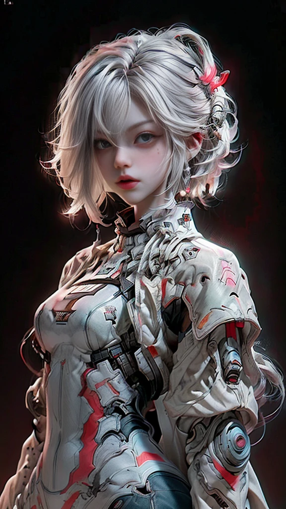 A digital illustration of a white mecha suit with short bob hairstyle, white hair, (full body length), (super cuteness), (super beautiful face), 32k UHD, C4D style, octane render, sharp focus, complex details, perfect details, highest resolution, Show shoes, 1 girl, solo, RAW, photo realistic of face, CG game art, wearing white armor and helmet, beautiful eyes. The background is a dark grey with neon red accents, creating an eerie atmosphere, The art style is inspired in the style of GG game artstyle, with a high contrast between light and shadow and futuristic elements. It is a digital art piece with a dark fantasy theme, vibrant colors, and sharp details.