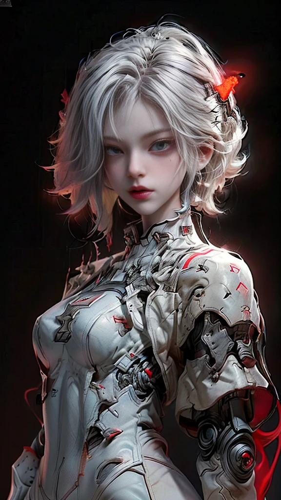 A digital illustration of a white mecha suit with short bob hairstyle, white hair, (full body length), (super cuteness), (super beautiful face), 32k UHD, C4D style, octane render, sharp focus, complex details, perfect details, highest resolution, Show shoes, 1 girl, solo, RAW, photo realistic of face, CG game art, wearing white armor and helmet, beautiful eyes. The background is a dark grey with neon red accents, creating an eerie atmosphere, The art style is inspired in the style of GG game artstyle, with a high contrast between light and shadow and futuristic elements. It is a digital art piece with a dark fantasy theme, vibrant colors, and sharp details.