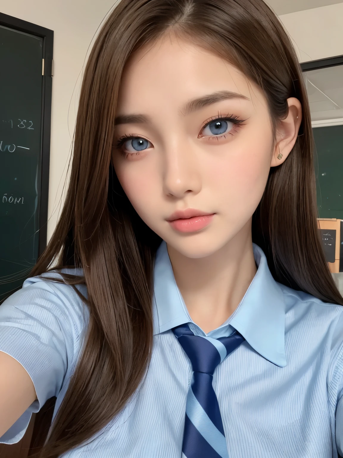 (table top:1.4, Photoreal:1.4, 8K), highest quality, masterpiece, ultra high resolution, perfect dynamic composition, big face、round face、((light brown hair, long hair, straight hair))、Highly detailed skin and facial textures:1.3, Detail of limbs, 1 girl, Cute sexy 22 year old woman, (sunburn:1.4), ((completely enchants you:0.9)), ((school uniform, light blue collared short sleeve shirt, Striped tie)),Medium chest, (distant eyes, beautiful eyes, brown eyes、Eyes that feel beautiful eros:0.85), sexy face:0.4, (closed mouth、small mouth、thick lips、A taste of beautiful eroticism:0.85), ((Too cute beauty:0.9))、gal makeup、((Close-up))