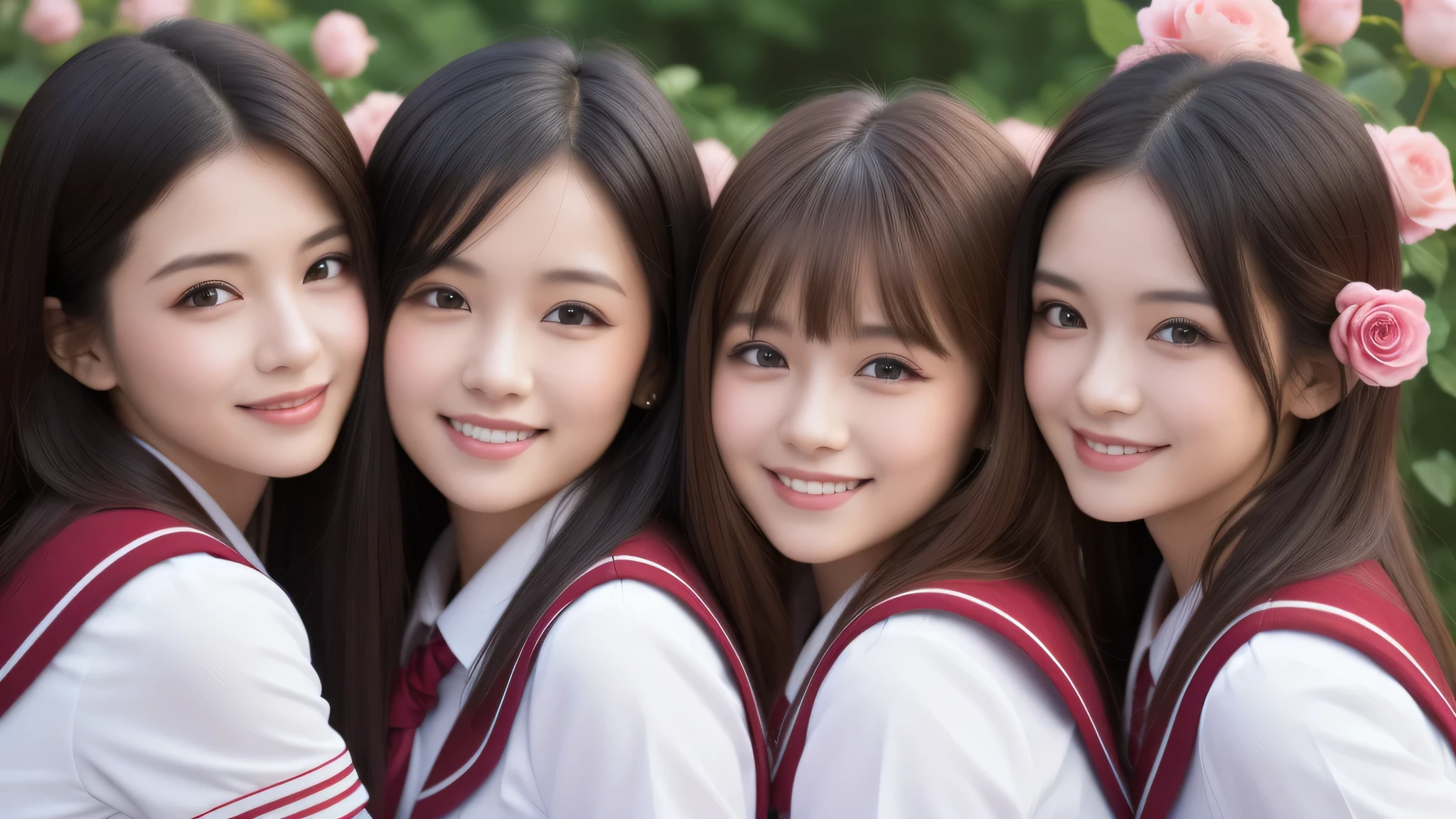 (1girl), (big smile), beautiful face, Amazing face and eyes, delicate, (Best Quality:1.4), (Ultra-detailed), (extremely detailed beautiful face), (princess hair cut style), cute smile, brown eyes, (highly detailed Beautiful face), (short sleeves school uniform:1.3), (extremely detailed CG unified 8k wallpaper), Highly detailed, High-definition raw color photos, Professional Photography, Realistic portrait, evening, Extremely high resolution, smiling, modern, trendy, fashionable, Group photo of high school girls, face close-up, pink Flower field, many rose flowers,