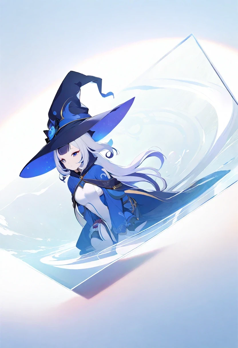 ((shylily)), white backgrounid, blue skirts,Solo woman, Alone, (Kneeling), (Kneeling on white glass surface), (at the lowest limit, Tiny), (white backgrounid), (Witch hat), curlies, looking at viewert, in a panoramic view, Faraway view, Starting from the night of the ark, Popular topics on artstation pixiv, arknight, Digital art on Pixiv,onmyoji detailed art, Japanese anime fantasy illustrations, author:heroes, Anime art wallpaper 8 K, sky witch, Pixiv style, Anime art wallpaper 4k, Anime art wallpaper 4k, (clean backdrop), Ink painting style,clean color,Decisive cuts,Large areas of white space, A blank space, the space,tmasterpiece, Super refined,Epic work,high high quality,Best quality,4K