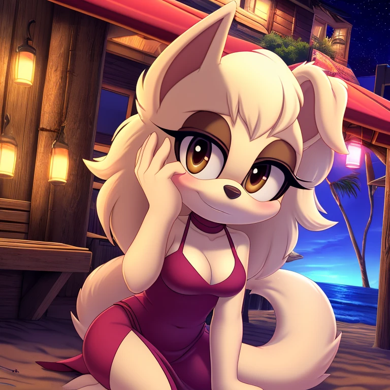 1girl, white borzoi dog, (Mobian), (2d art, cel shading), dog ears, tall tail, white hair, long hair, (white ears), (floppy ears), brown eyes, white fur, ((brown eyelids)), looking at viewer, blushing, shy, portrait, medium breasts, slit dress, watermelon design, beach, night, lights, beach, detailed background, masterpiece, 4k, high quality, studio quality, extreme detail, perfect detail, max detail,