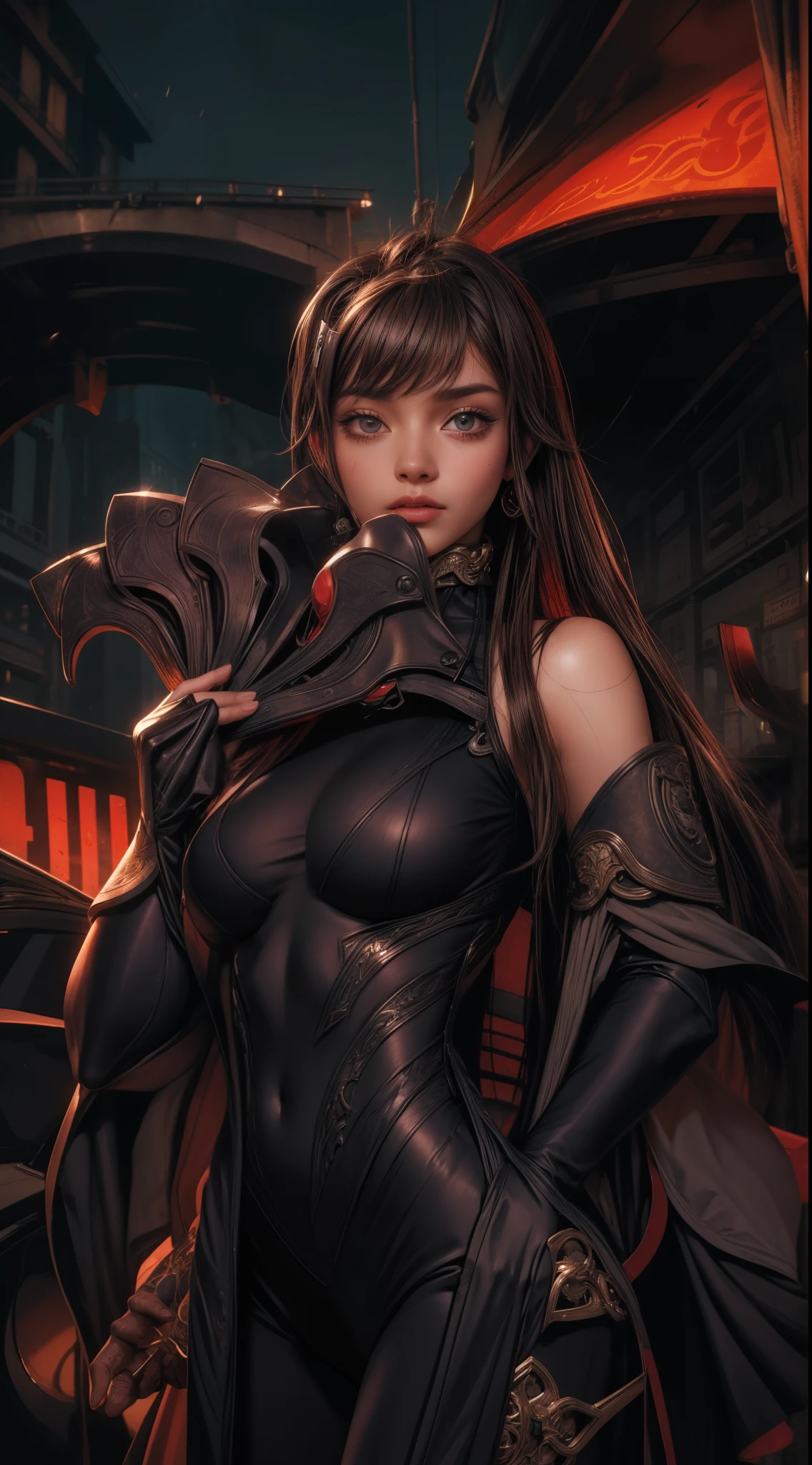 {{master piece}}, pinnacle rendering, realistic rendering, dark red rendering, metal rendering, {{color ink painting}}}, {{splash ink}}}, {{color}}, {{color}}, gorgeous rendering, best quality, illustration, flame, smoke, doomsday world, splash ink fire sea doomsday, full body, 1 girl, exquisite facial details, delicate facial features, real face, beautiful details eyes, deep pupils, broken city details, beautiful details long hair, Wave of hair, broken details of streets, transparent mechanical core, cyborg girl, details, cool, tight grooming, lace retouching, linear light costume retouching, light rendering, reflection, highlight, holy light, confidence, charm, battle stance detail close-up, fire day, {filigree}, colored background, a dragon stands behind the girl, sea of fire, {tornado special effects}, beautiful details purple dragon armor, (cold face, confident) great depth, depth of field, 360° panoramic picture, fierce and magnificent battle scenes, broken mirrors, fingers all hidden and not displayed, small mouth closed --auto