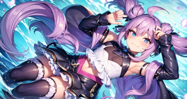 blush、(((((smug)))))、((narrow your eyes))、Fangs open mouth、((((femboy、Fake Girl、flexible、thin、flat chest、poor chest、ramp shoulder))))、(((constricted waist)))、{{{{purple hair、long hair、twin tails、wavy hair}}}}、{{{{giggle、mini skirt、black ribbon}}}}、Doing pieces with both hands、((((swollen crotch))))