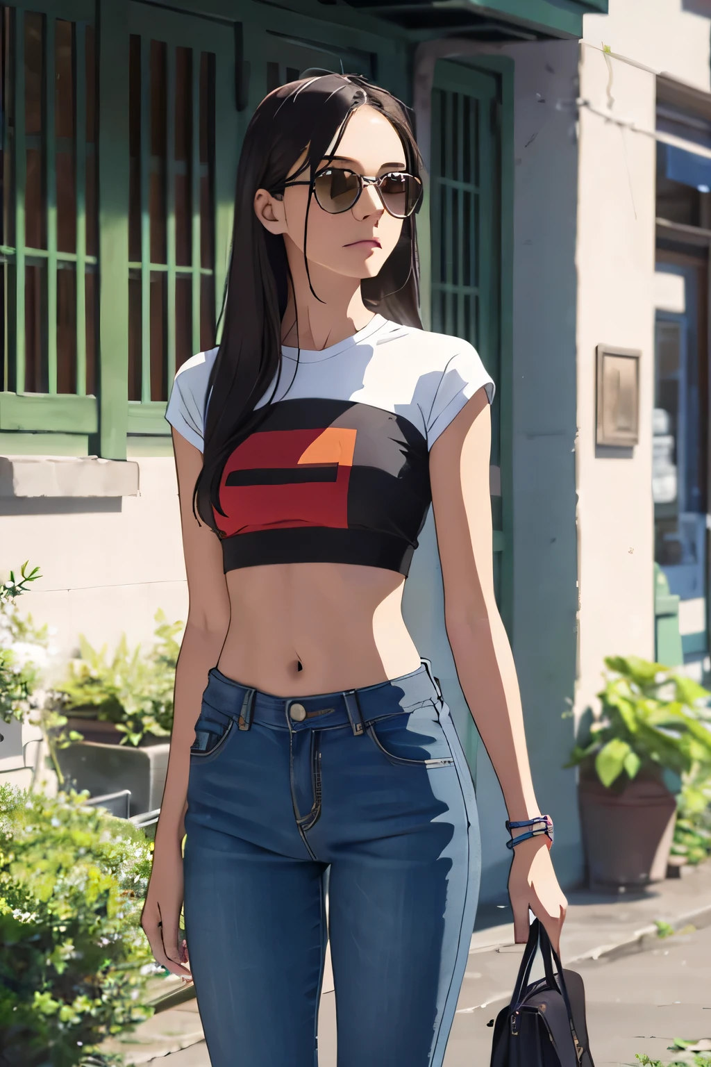 la mejor calidad, cuerpo completo como,cara refinada,20 year old university student,Cuerpo delgado,smaller bust,Camiseta crop top blanca,Pantalones cortos ultra denim sin cintura,escena callejera,Stand tall