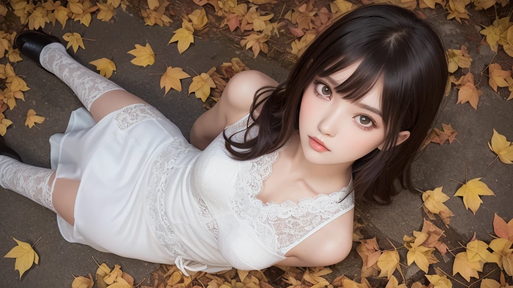 masterpiece, highest quality, one girl, (bishojo, RPG Maker:1.3), (16 years old:1.2), very good eye clarity, (symmetrical eyes:1.3), (autumn leaves, shoot from above, sit:1.2), (white lace dress:1.3), light makeup, eyelash, brown eyes, parted bangs, brown hair, (Rich eye and facial detail:1.0)