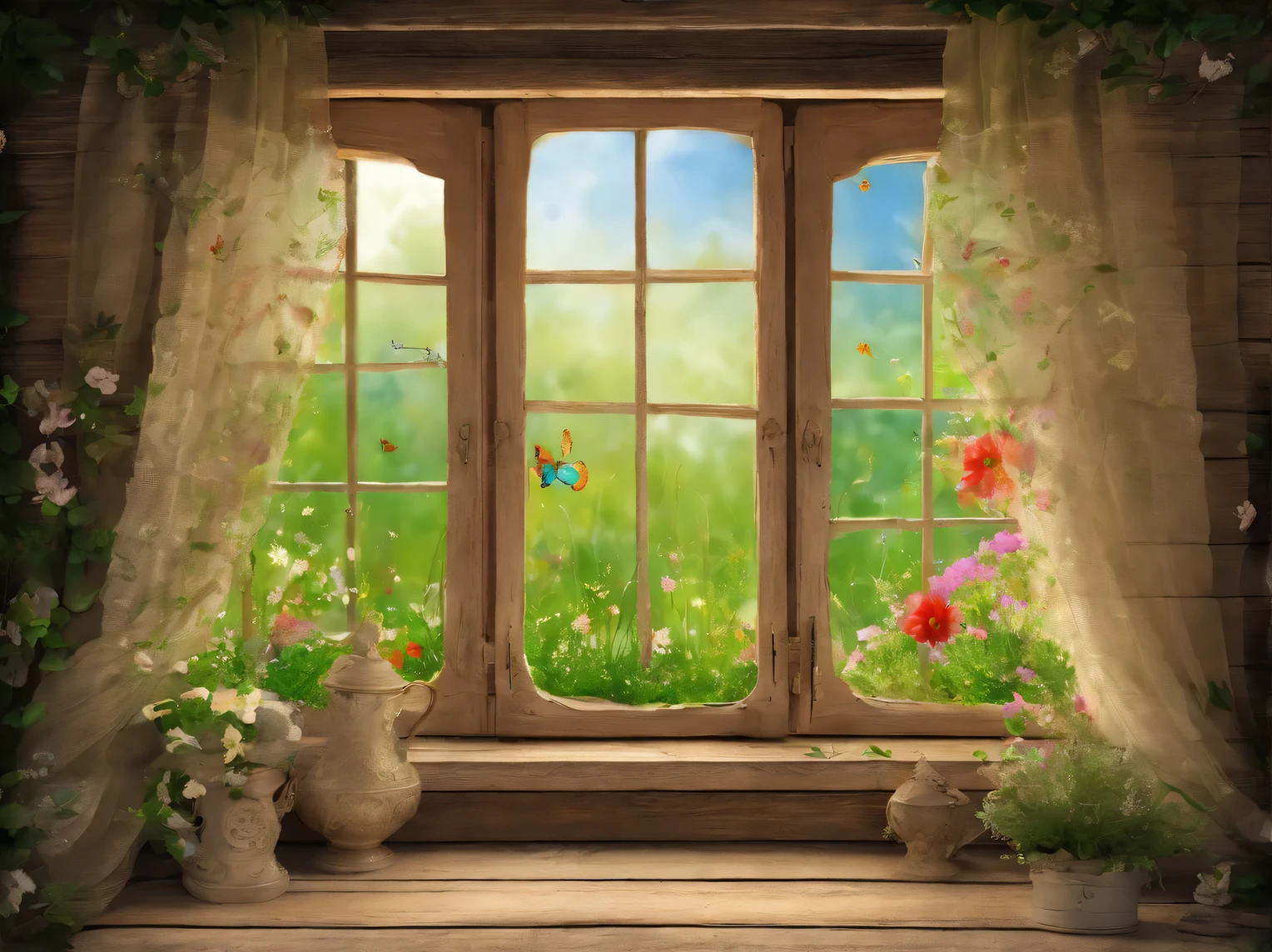 The view outside the open window, the wall of the room of a wooden house with an open window, the window sashes are open, there is a vase with wildflowers on the windowsill, rustic sewing curtains hang, the curtains are blown by a light breeze, outside the window is a green lawn with spring birches, spring, clear, butterflies