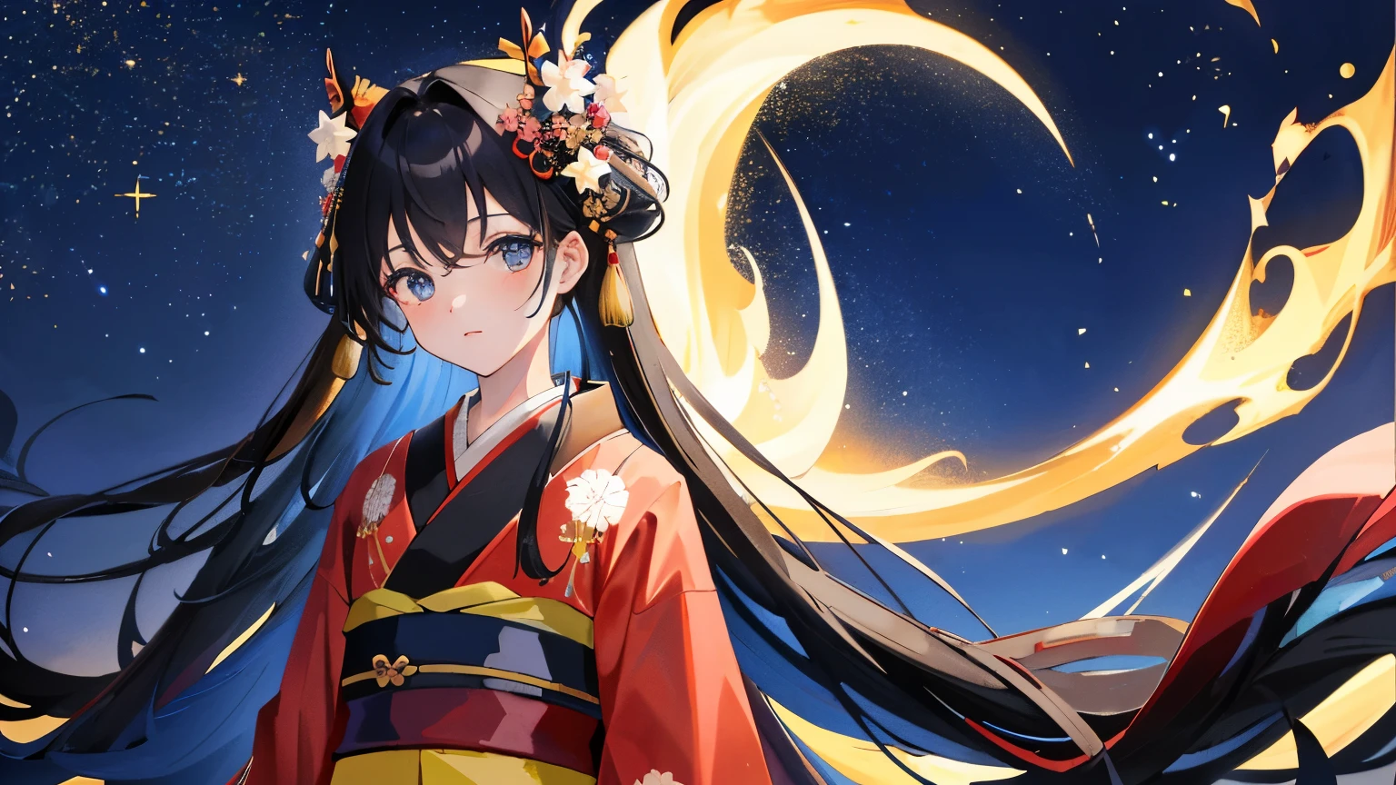 ((masterpiece:16:9, highest quality)), 1 girl, alone, (kimono), black hair, long hair, kimono , night, star (null), null, White , night days
