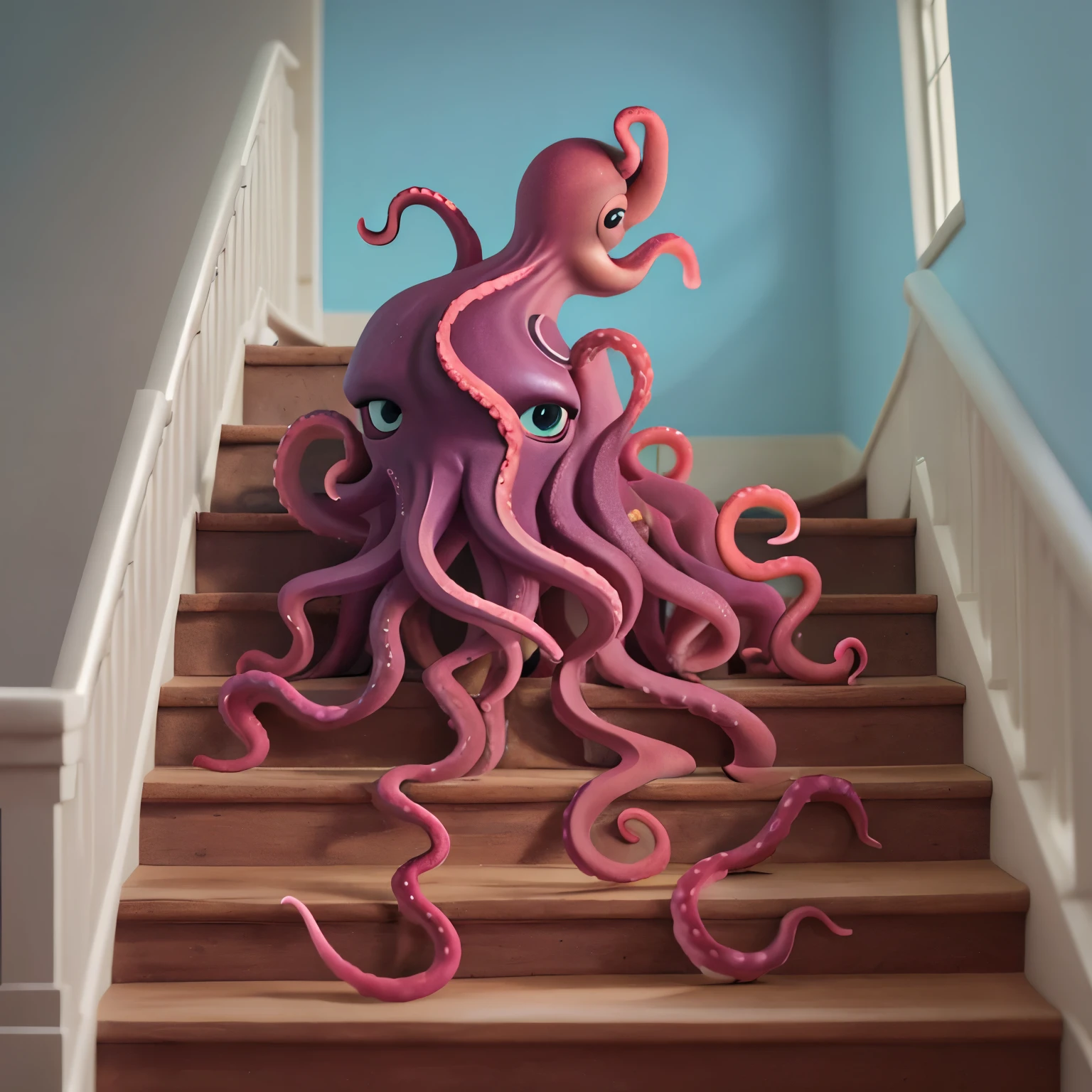 realistic octopus clibing a stair, tentacles on multiple steps, profile