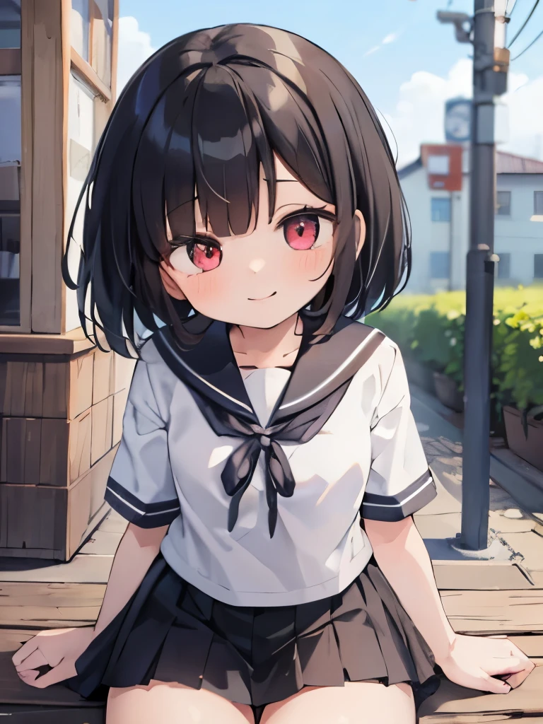 masterpiece, highest quality, 1 girl, alone,  sailor suit,mini skirt, outdoor, red eyes,smile, blush,black hair bob,in the room,sexy face,Cheeky smirk,mischief