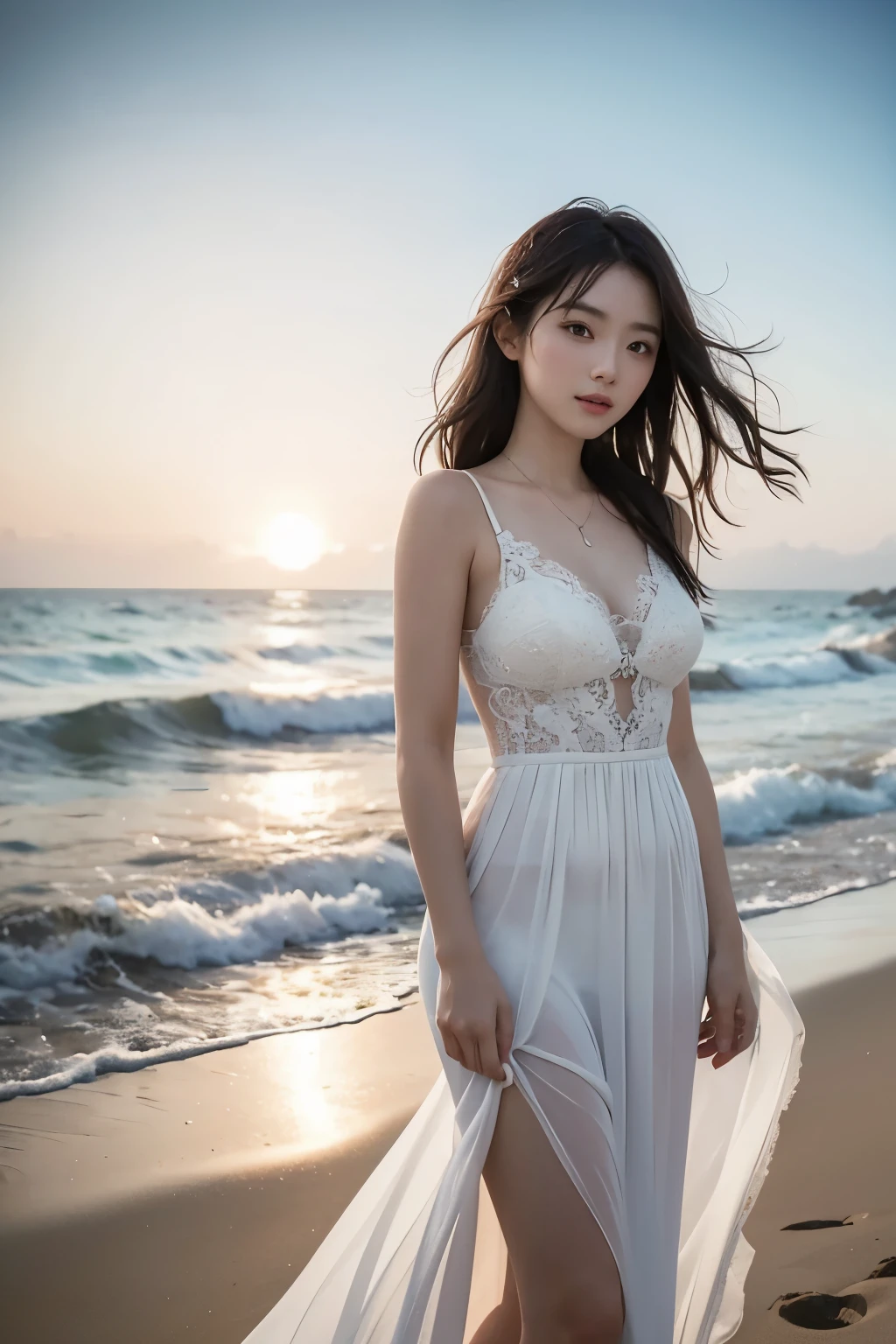 A Chinese beauty in a white wedding dress, with curly hair cascading down her shoulders, stands on the beach in a real, photorealistic image. The sun sets behind her, casting a warm glow on her intricately detailed face and ultra-detailed skin. The depth of field is shallow, creating a cinematic effect as the beach and ocean behind her blur softly. The scene is illuminated by cinematic light, with the occasional reflection of the sunlight off the water creating lens flares. The feel of the sand beneath her feet and the sound of the ocean waves add to the sensory experience. The 8k, best quality photo captures every detail, from the delicate lace on her