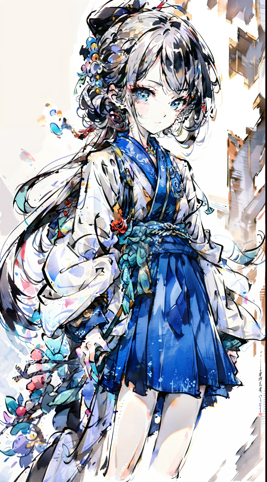 white background, blue skirt，one woman, alone, (kneel down), (kneel down on white glass surface), (At the very least, small), (white background), (witch hat), curly, looking at the viewer, with panoramic view, Vision, It begins with the night of the ark., Popular topics on Art Station pixiv, Arknight, pixiv digital art,onmyoji detailed art, Japanese anime fantasy illustration, author：hero, anime art wallpaper 8k, sky witch, pixiv style, anime art wallpaper 4k, anime art wallpaper 4k, ink wash style