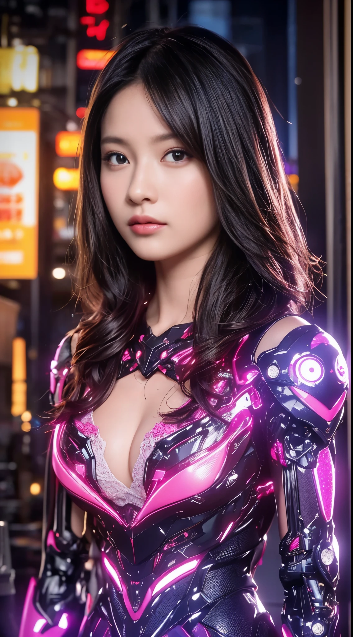 top quality, masterpiece, ultra high resolution, (lifelike: 1.4), original photo, 1 girl, black hair, shiny skin, 1 Mechanical Girl, (超lifelike细节)), portrait, global illumination, shadow, octane rendering, 8K, Super sharp, big deal, Cleavage exposed bare skin, Metal, intricate decorative details, Japan details, very intricate details, lifelike光线, CG trends, purple eyes, glowing eyes, face camera, Neon details, mechanical limbs, blood vessels connected to tubes, Mechanical vertebrae attached to the back, Cervical spine mechanical fixation in the neck, sitting, Wires and cables connected to the head, Gundam, small LED light,