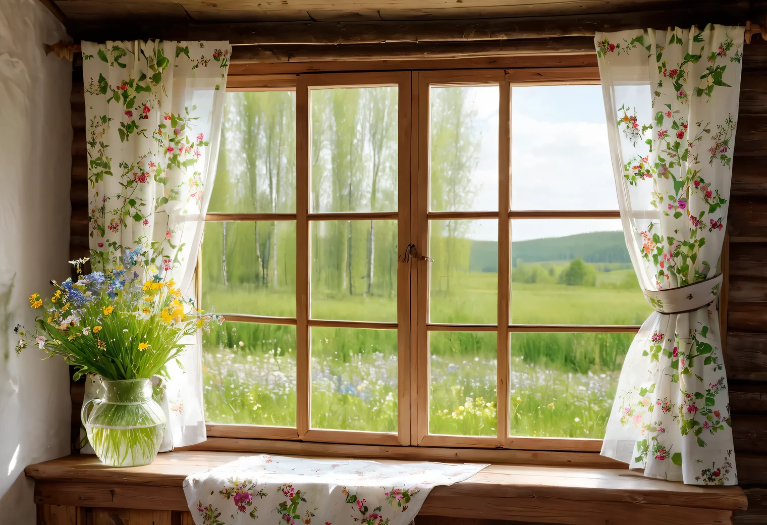 The view outside the open window, the wall of the room of a wooden house with an open window, the window sashes are open, there is a vase with wildflowers on the windowsill, rustic curtains made of sewing, curtains are blown by a light breeze, outside the window is a green lawn with spring birches, spring, clear, butterflies, focus on the view outside the window