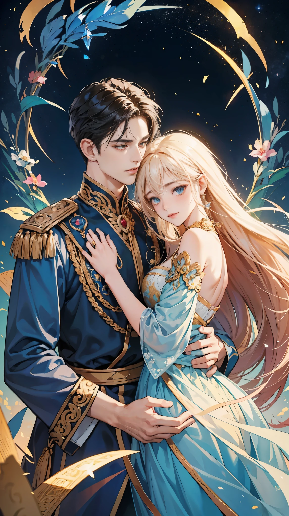 (Best quality, masterpiece), two figures, a man and a woman, a beautiful blonde and a handsome man, clear face, smile, relax, dancing pose, elegant, particles, wind, flower, upper body, simple background with gear elements, background is modern times --v 6