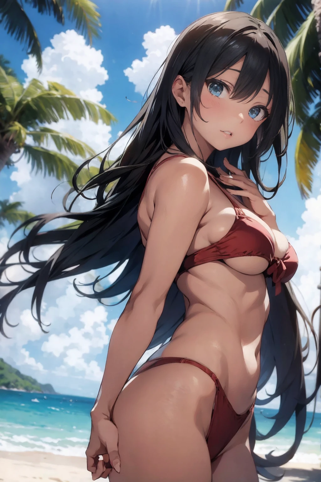 (best quality,4k,8k,highres,masterpiece:1.2),ultra-detailed,realistic, HDR lighting, beautiful detailed eyes, beautiful detailed lips, long dark hair, tanned skin, seductive gaze, confident pose, beach background, soft lighting, vibrant colors, glossy texture, swimwear, tropical atmosphere