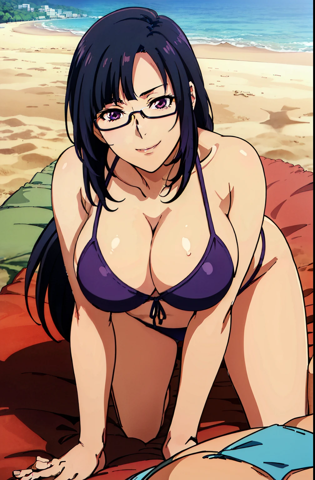 (all fours), cyan bikini, red sandals, (beach background), (sunny weather), Litchi Faye-Ling, mature woman, anime cels style, best quality, high resolution, 1girl, (huge breasts:1.2), beautiful face, Beautiful Finger, Beautiful long legs, Beautiful body, Beautiful Nose,Beautiful character design, semi-rimless eyewear, black hair, very long hair, Bangs, purple eyes, (cowboy shot), smiling, looking at viewer, (pov from ass)