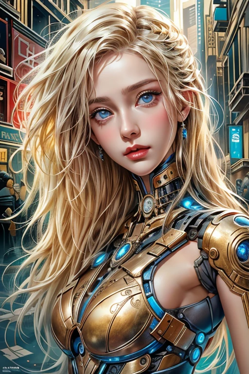 photorealistic, Realistic picture,Masterpiece,high resolution, woman ,have blue eyes, look at the viewer., (detailed face), has blue eyes,blonde hair, cybernetic robot,Metallic red body/gold color,(The details of the outfit are perfect.) The background is a deserted city.