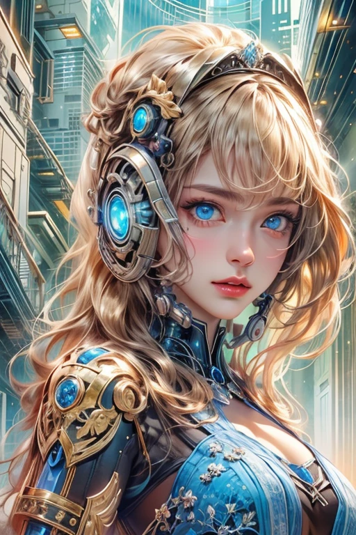 Close up of a Cybernetic girl, long messy blonde hair, Highly detailed, mechanical girl with a beautiful face, leather armour with cybernetic components and chains, large breasts, futuristic, movie aesthetic, masterpiece quality, cyberpunk, neon lit tokyo. Looking at the viewer, Taken by professional photographer using a canon 5D mark 3. Extremely detailed and colourful --ar 2:3 --v 6.0 --style raw --s 750 