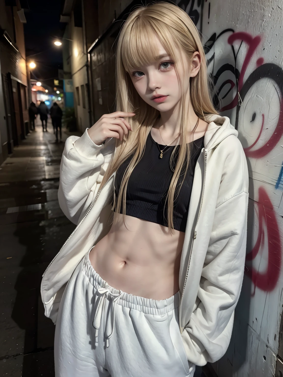 RAW Photos, 8k, (highest quality), Realistic, (live-action, Intricate details), (Natural skin texture, Detailed skin, Hyperrealism, Sharpness), (Japanese  girl in a dirty back alley at night, Put your hands in your pockets, graffitied wall:1.3), ((naked, wearing white hoodie on naked with front zipper open, White jersey pants, No bra)), (Flat Chest:1.3, Pale skin:1.2, Slender body), ((Blonde Straight Hair, Blunt bangs)), (Fascinating face, Provocative look, Lips parted:1.3, Sagging under the eyes:1.2, Red thick lips), abdomen, belly button, graffiti:1.5, at night, hard lighting:1.3, Upper Body Shot