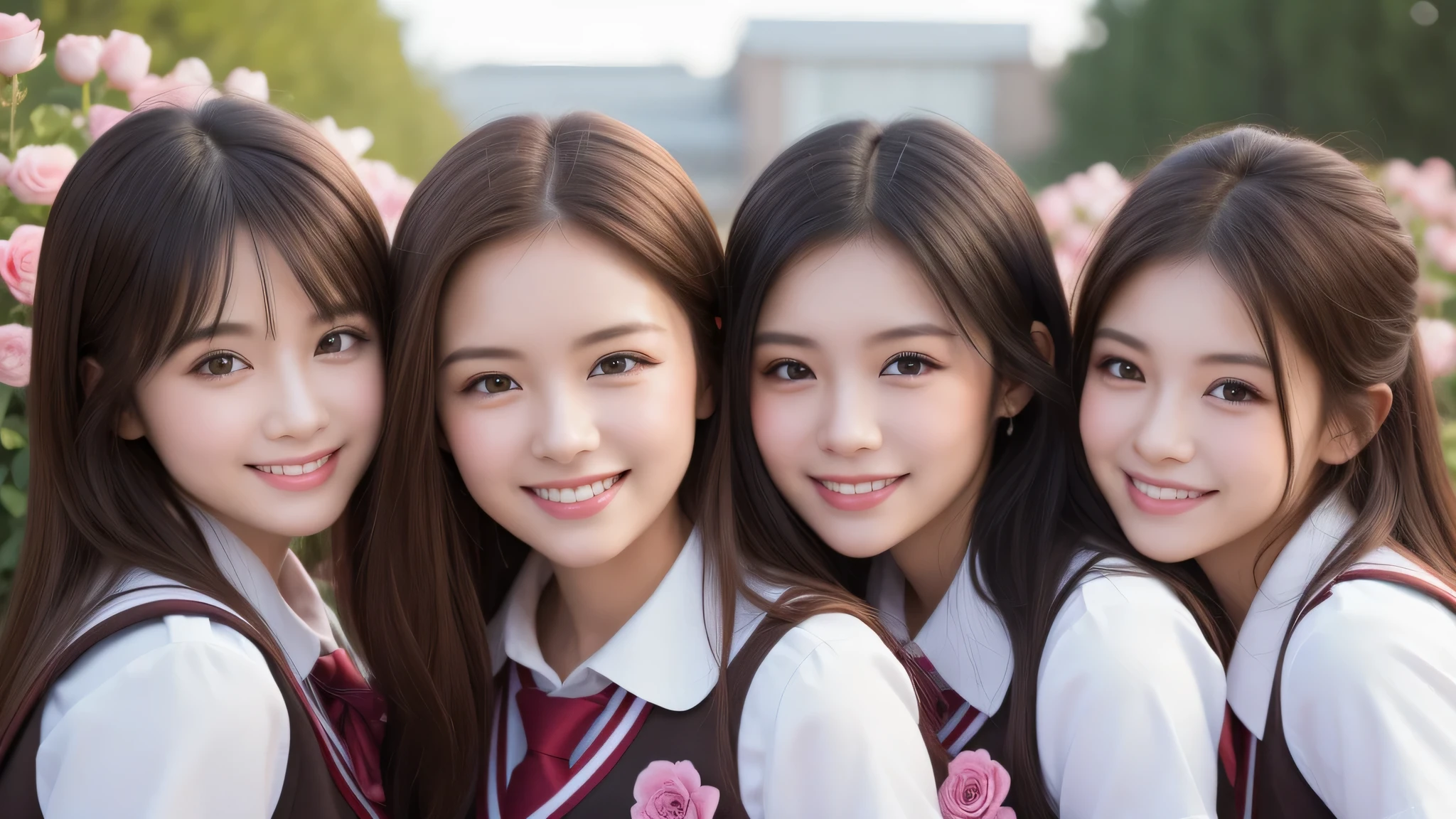 (1girl), (big smile), beautiful face, Amazing face and eyes, delicate, (Best Quality:1.4), (Ultra-detailed), (extremely detailed beautiful face), (princess hair cut style), cute smile, brown eyes, (highly detailed Beautiful face), (short sleeves school uniform:1.3), (extremely detailed CG unified 8k wallpaper), Highly detailed, High-definition raw color photos, Professional Photography, Realistic portrait, evening, Extremely high resolution, smiling, modern, trendy, fashionable, Group photo of high school girls, face close-up, pink Flower field, many rose flowers,