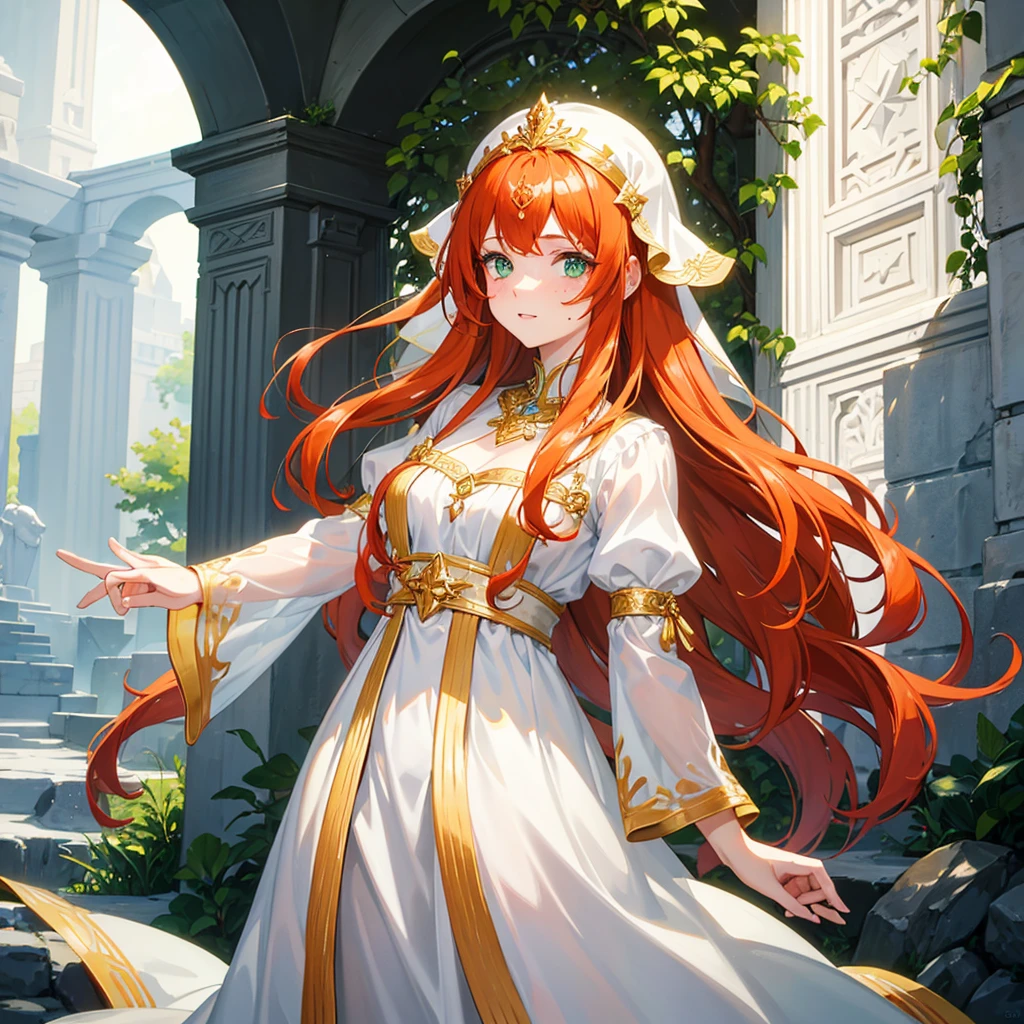 White skined young woman with freckles on her face. Green eyes. Long wavy hair. Bright reddish orange hair color . Wearing plain white dress in Greek Style. She has a fantasy-style gold accessory on her head