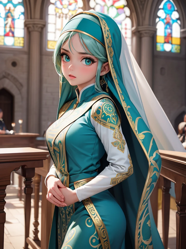 (best quality,4K,8K,high resolution,masterpiece:1.2),Super detailed,actual,Beautiful and delicate lake green eyes,Beautiful and delicate lips,extremely detailed face,super long hair,1 girl,Beautiful girl with aqua hair,Wearing military blue nun costume,Platinum nun's headscarf(Gorgeous gold pattern decoration),(complex pattern:1.4),Lovely,attractive,church, portrait, delicate eyes