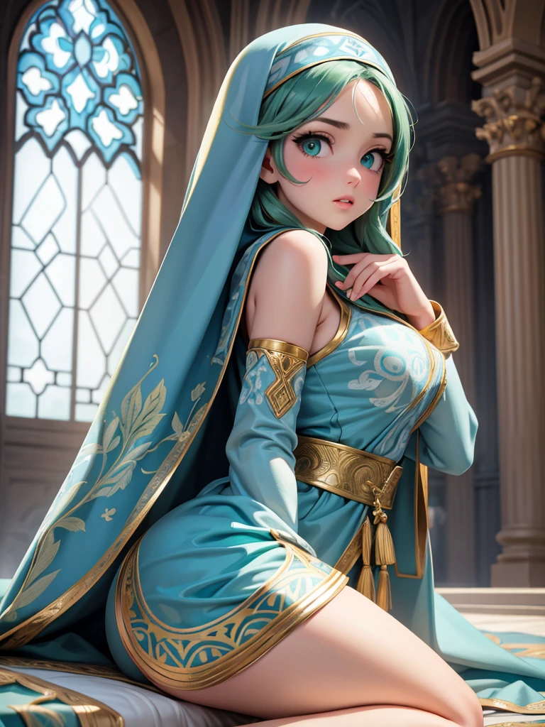 (best quality,4K,8K,high resolution,masterpiece:1.2),Super detailed,actual,Beautiful and delicate blue-green eyes,Beautiful and delicate lips,extremely detailed face,super long hair,1 girl,Beautiful rainbow hair girl,Wearing dark blue and white nun costume,(Gorgeous gold pattern decoration),(complex pattern:1.4), Lovely,attractive,church, portrait, delicate eyes