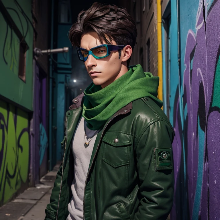 20 year old boy dark brown hair with goggles held on his neck green scarf tied on his arm open purple jacket and green shirt torn blue jeans looking straight at the viewer in an alley background with graffiti with a piercing in his eyebrow gloves green fingerless build slim muscular man holding a blue spray can