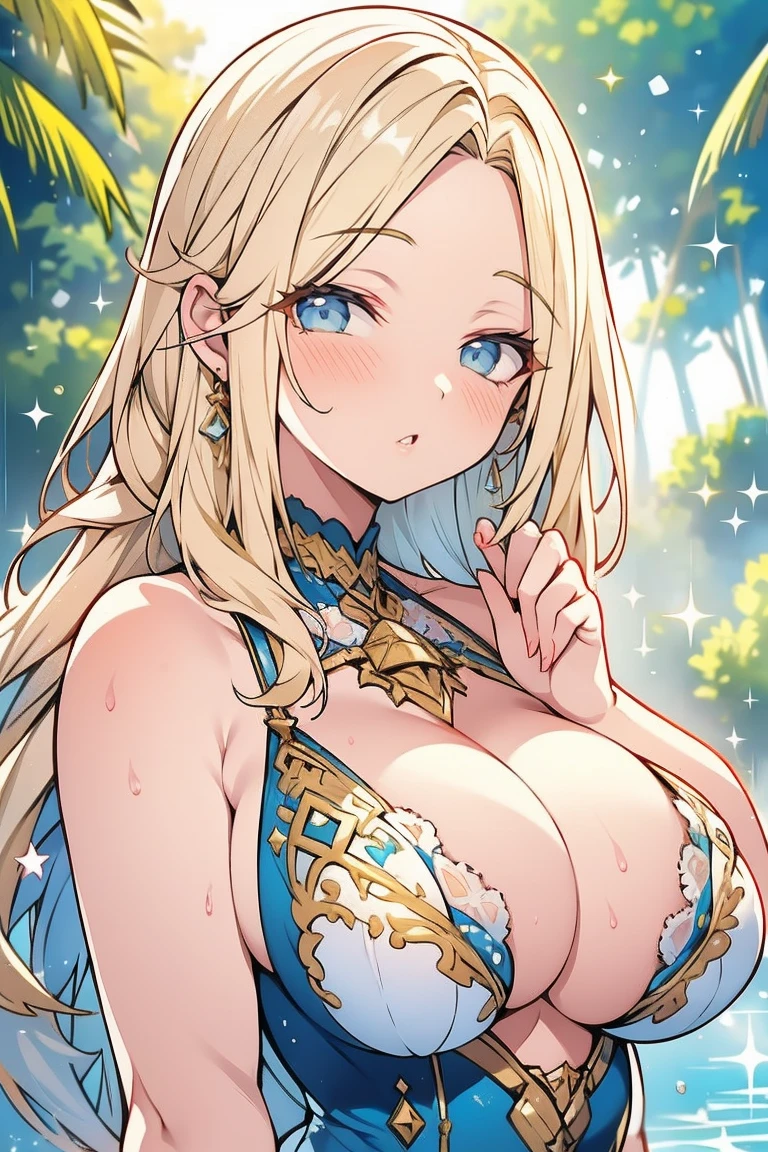 A girl in a garden,competitive swimsuit,enormous teta,[best quality,4k,8k,highres,masterpiece:1.2],ultra-detailed,long eyelashes,beautiful detailed eyes,beautiful detailed lips,extremely detailed eyes and face,golden sunlight,sparkling water,groovy dance moves,vibrant colors,playful atmosphere,portrait photography