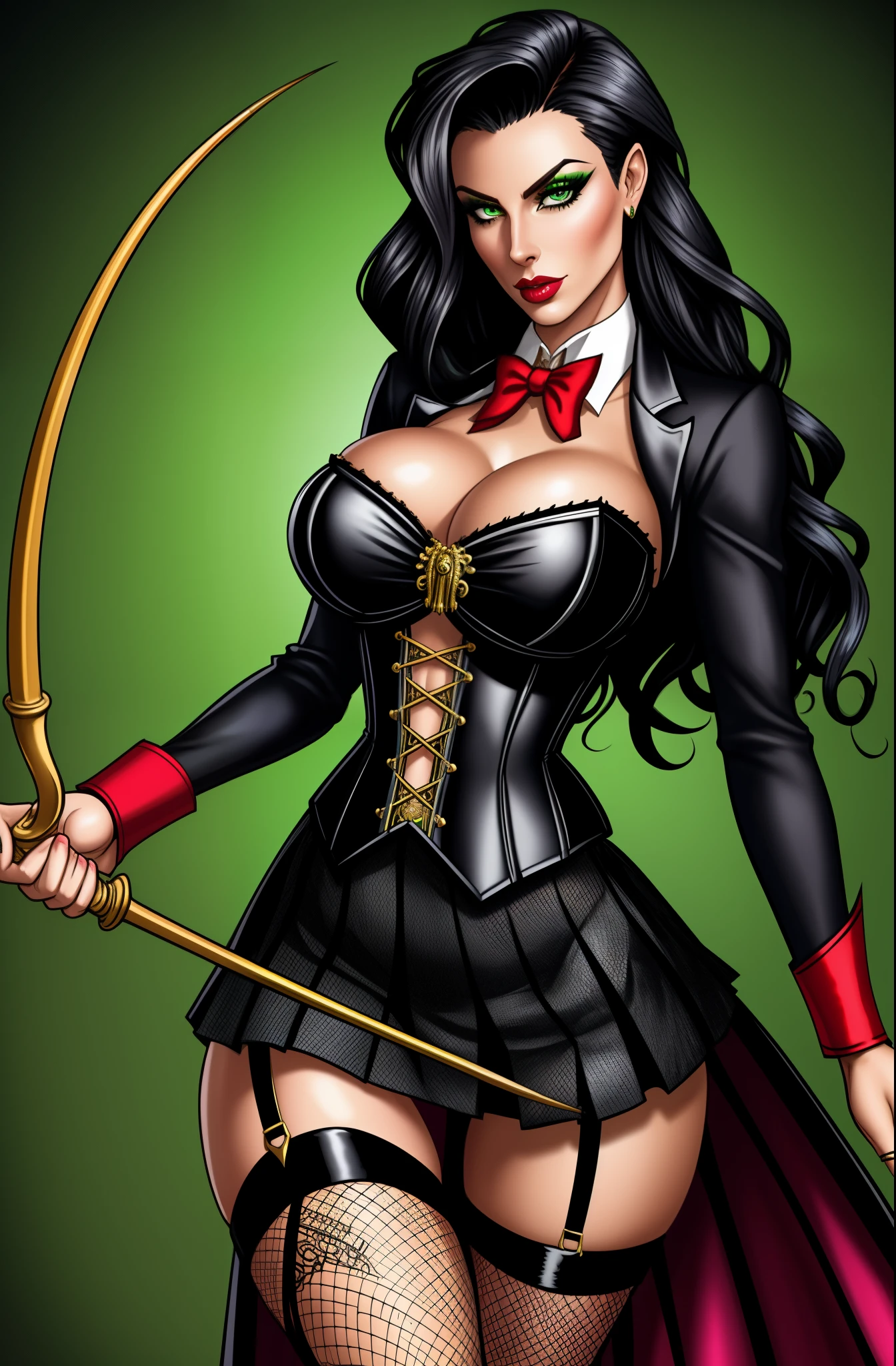 gorgeous female ringmaster, bustier, tailcoat, whip, realistic, skirt, black flowing hair, green eyes, fishnet stockings