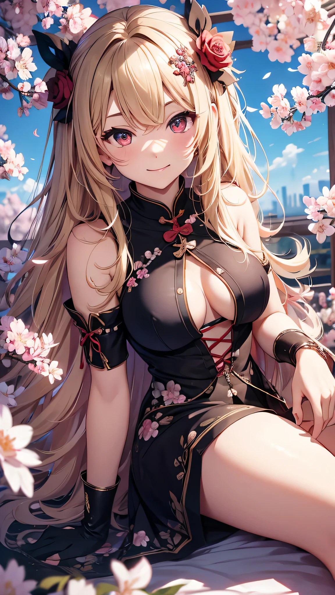 最high quality、best image quality、masterpiece、girl((18-year-old、 By becoming、vest bust、medium bust,wide open breast tea、red glowing eyes, blonde、messy hair、long hair、thin,highest valley、Show the whole body、black cheongsam、open chest、black wristband、red high heels、sexy、smile、Leaning forward、rose hair ornament)),high quality、beautiful art、background((Bright Town、cherry blossoms、beautiful blue sky))、Flight、debris flies、Depth of written boundary、movie、visual art、perfect art、8K,genuine、