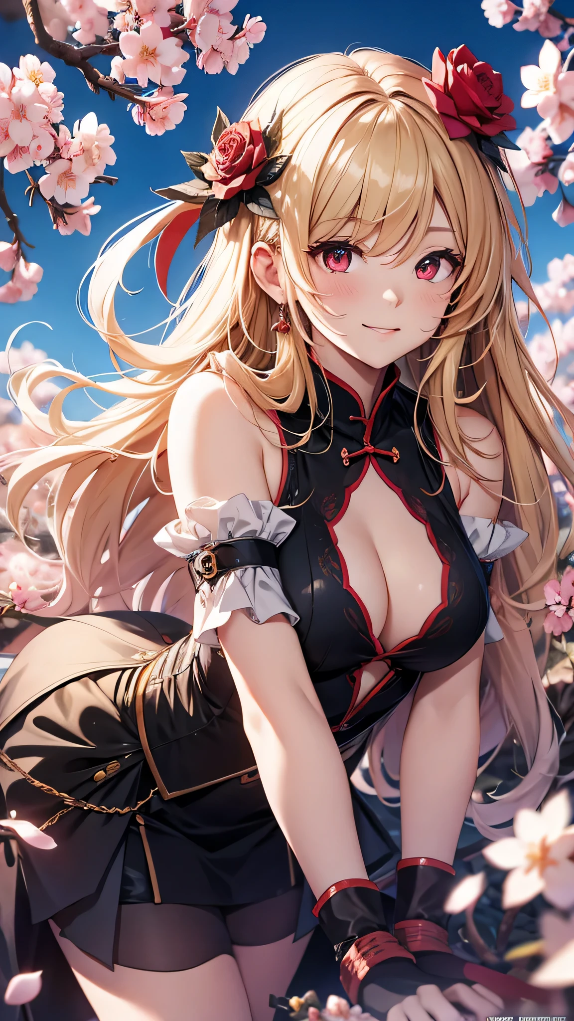 最high quality、best image quality、masterpiece、girl((18-year-old、 By becoming、vest bust、medium bust,wide open breast tea、red glowing eyes, blonde、messy hair、long hair、thin,highest valley、Show the whole body、black cheongsam、open chest、black wristband、red high heels、sexy、smile、Leaning forward、rose hair ornament)),high quality、beautiful art、background((Bright Town、cherry blossoms、beautiful blue sky))、Flight、debris flies、Depth of written boundary、movie、visual art、perfect art、8K,genuine、